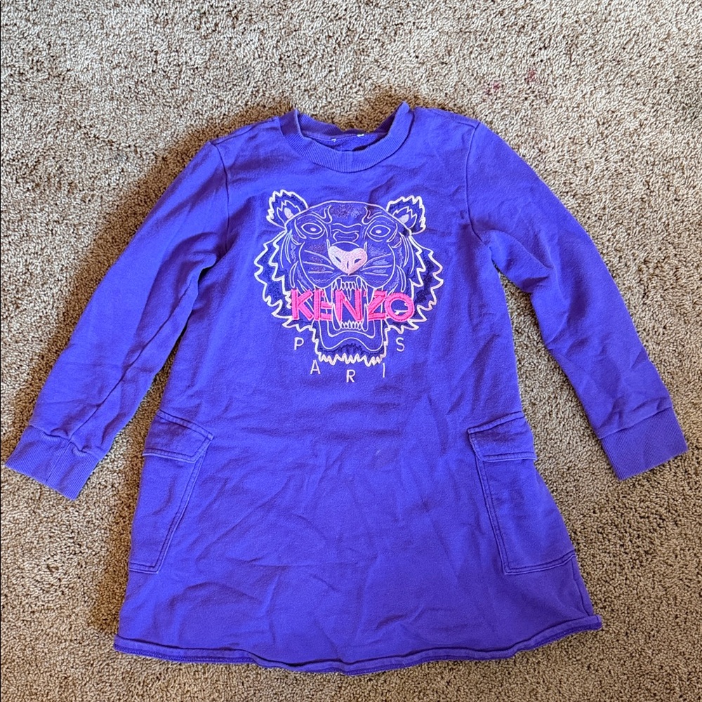 Kenzo Kids Purple Long-Sleeve Tee Dress with Pink Tiger Logo size 10